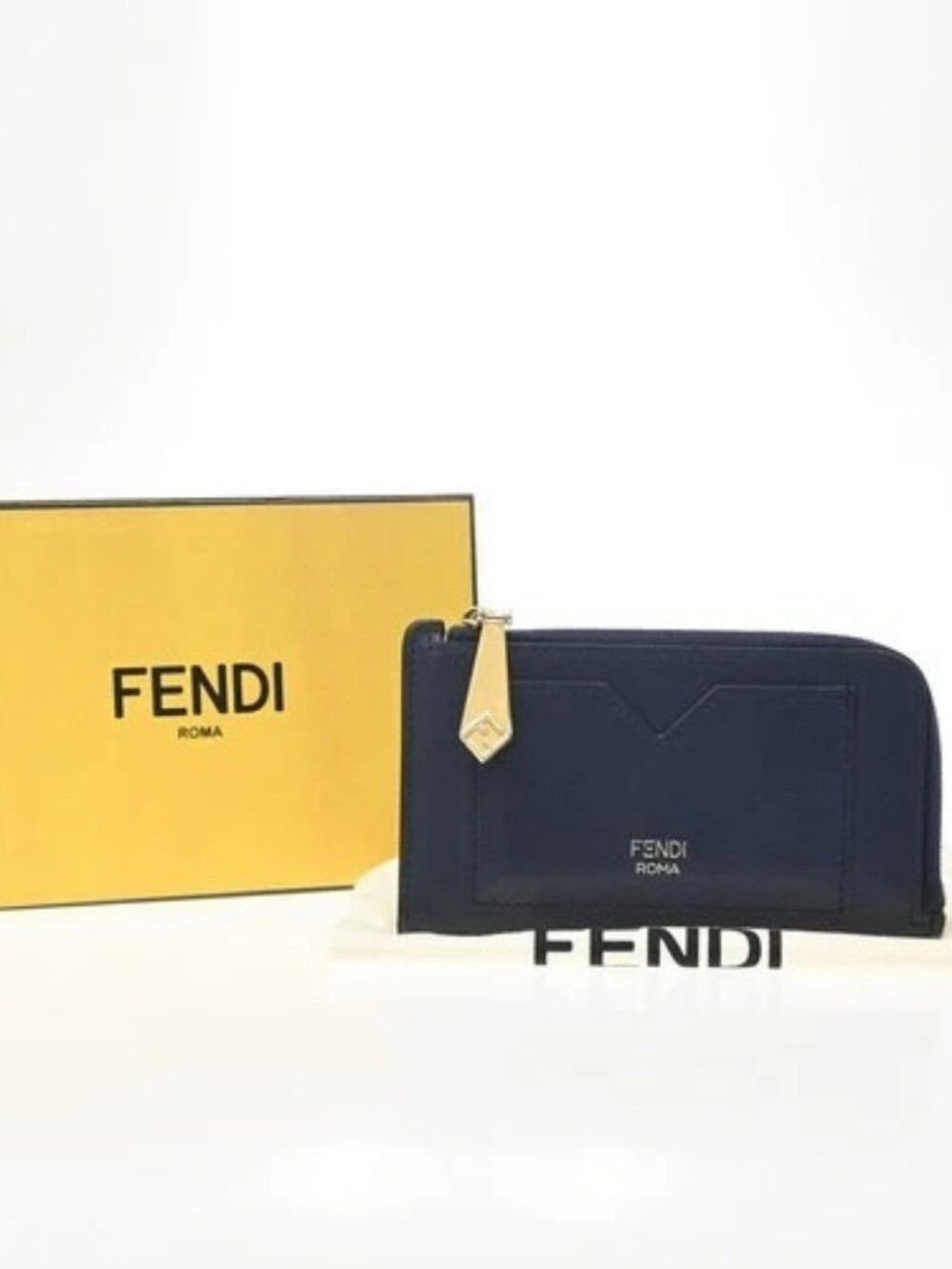 FENDI Logo FF Diamonds Zippy Coin Card Case Leather Navy Blue GHW Italy 63KD541